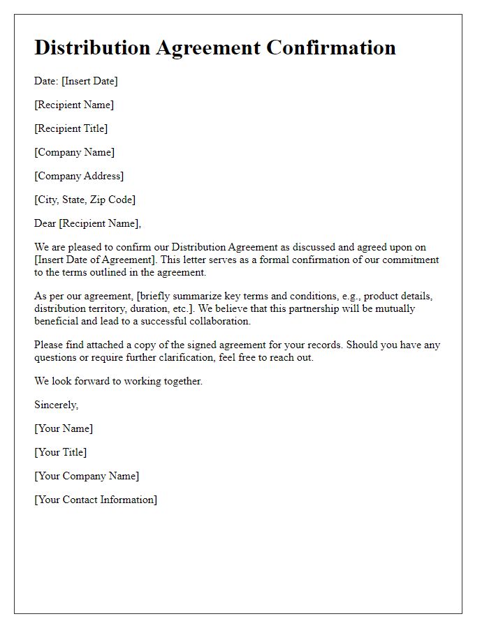 Letter template of Distribution Agreement Confirmation