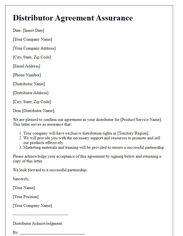 Letter template of Distributor Agreement Assurance