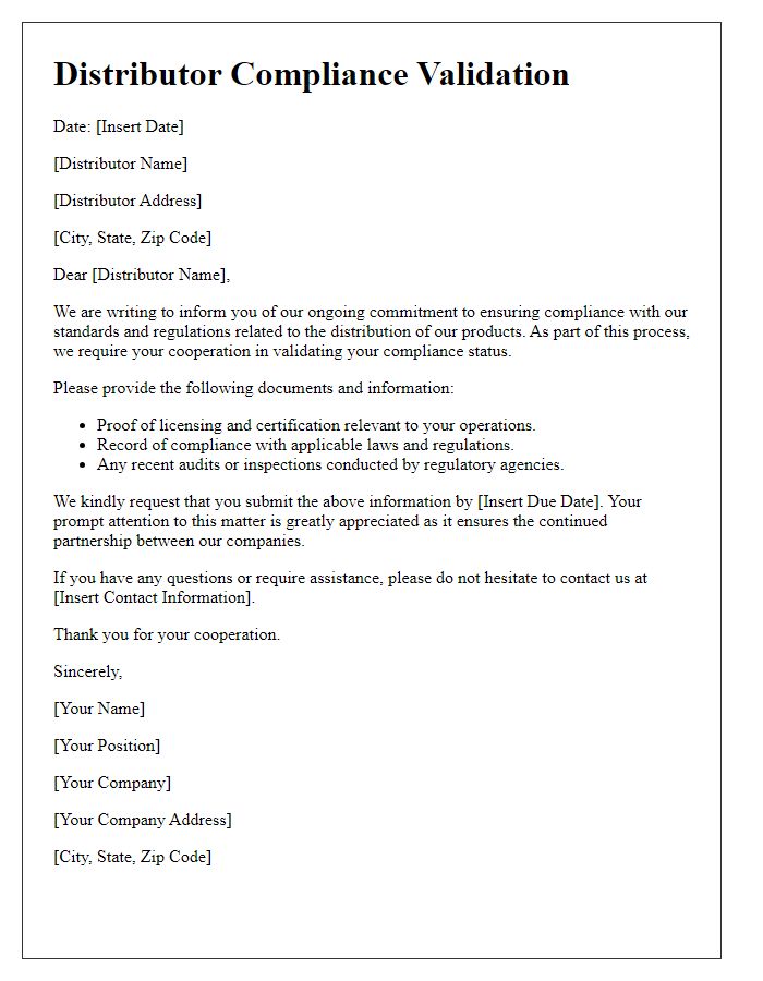 Letter template of Distributor Compliance Validation