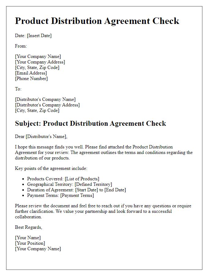 Letter template of Product Distribution Agreement Check