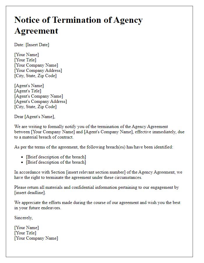 Letter template of agency agreement termination notice for breach of contract.