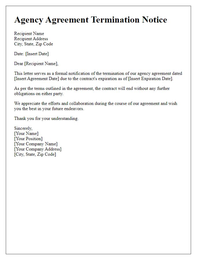 Letter template of agency agreement termination notice for contract expiration.