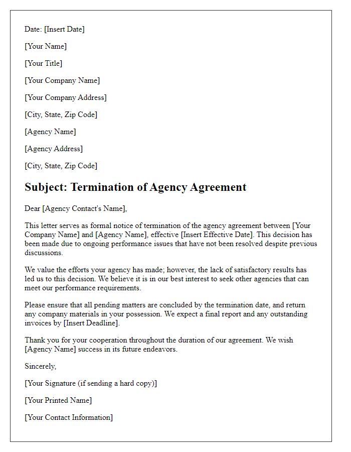 Letter template of agency agreement termination notice due to performance issues.