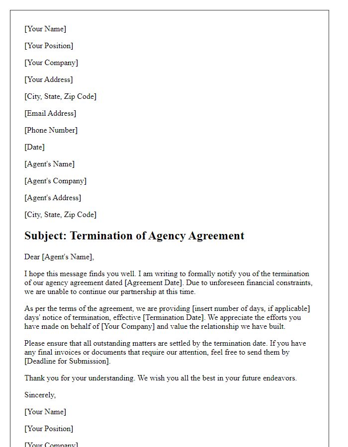 Letter template of agency agreement termination notice for financial constraints.