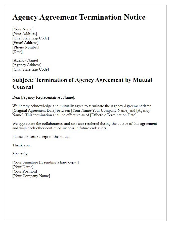 Letter template of agency agreement termination notice for mutual consent.