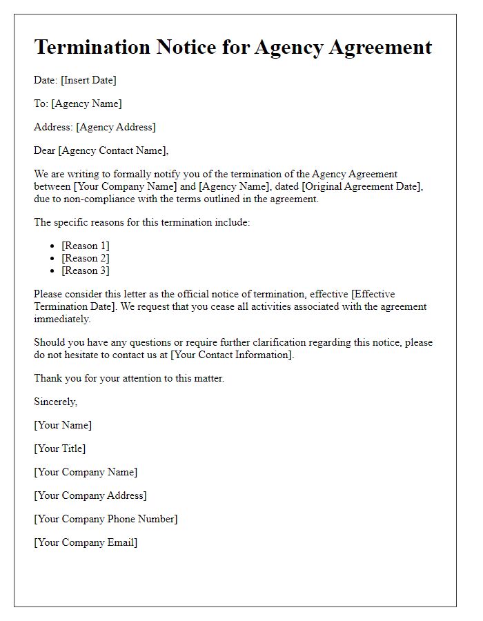 Letter template of agency agreement termination notice for non-compliance.