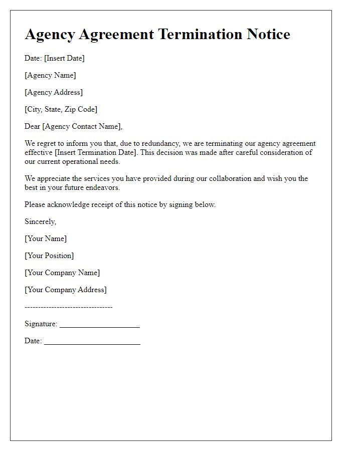 Letter template of agency agreement termination notice for redundancy.