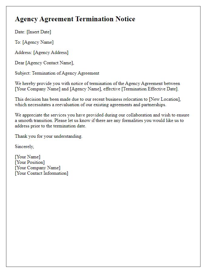 Letter template of agency agreement termination notice for relocation of business.