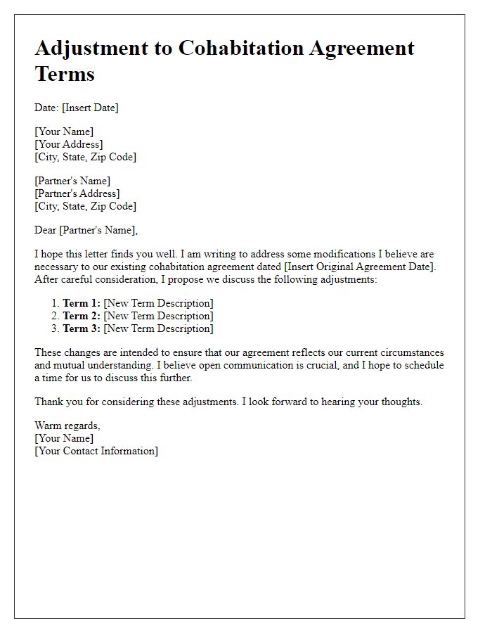 Letter template of adjustments to cohabitation agreement terms