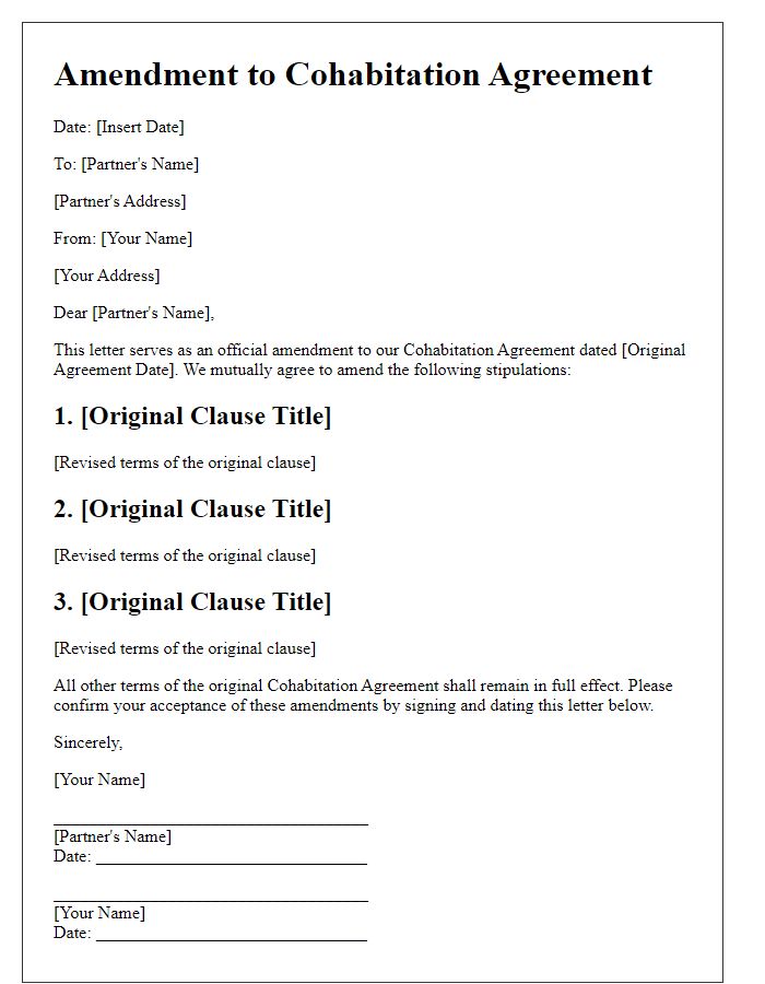 Letter template of amendment to cohabitation agreement stipulations