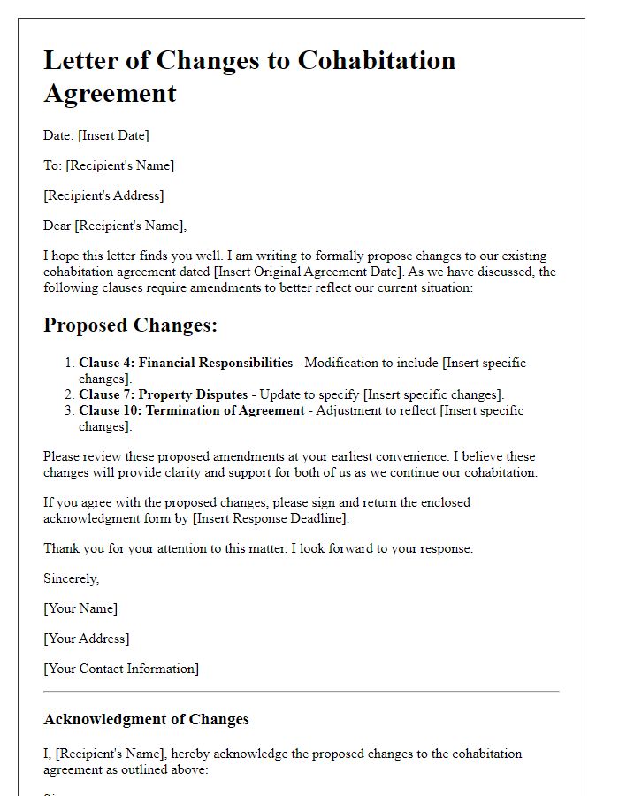 Letter template of changes in cohabitation agreement clauses