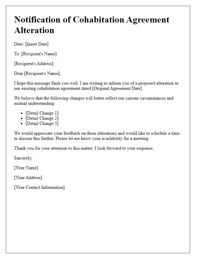 Letter template of cohabitation agreement alteration communication