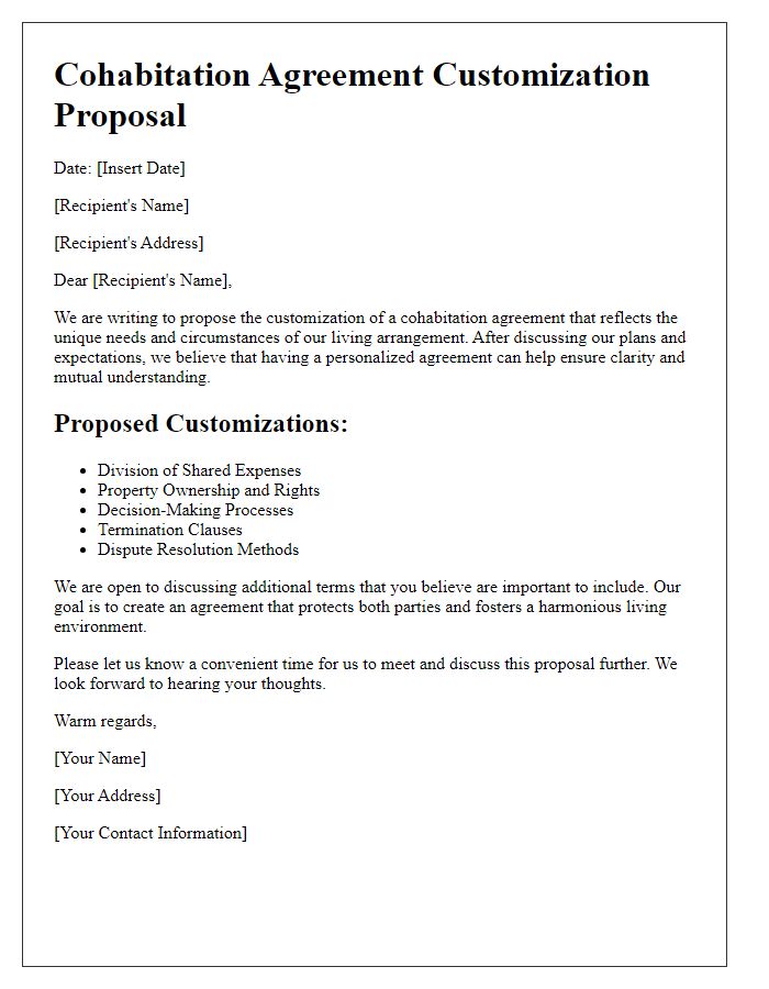 Letter template of cohabitation agreement customization proposal