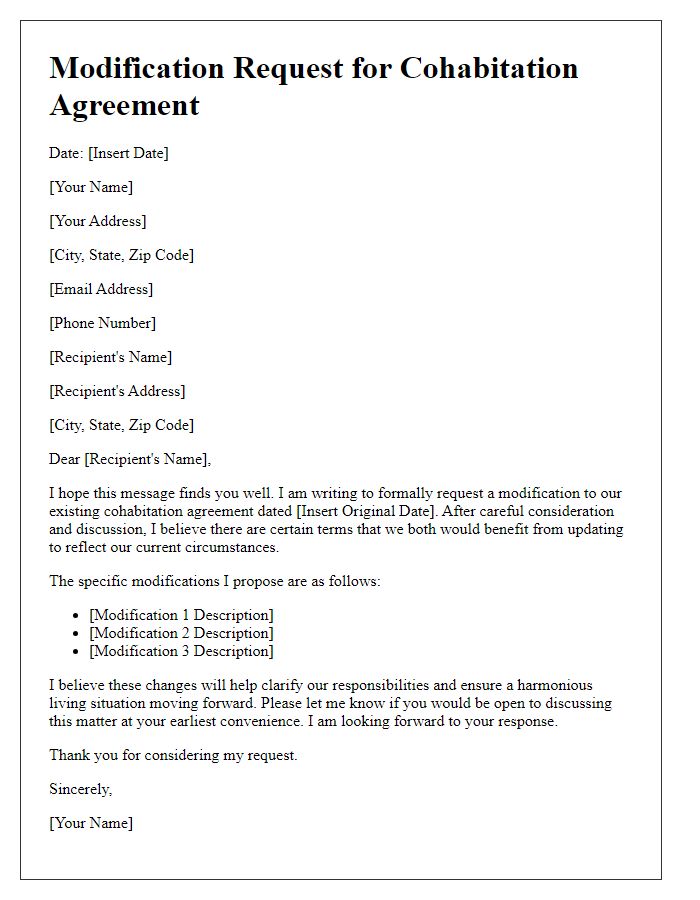 Letter template of cohabitation agreement modification request