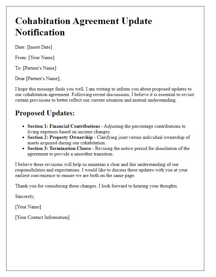 Letter template of update for cohabitation agreement provisions