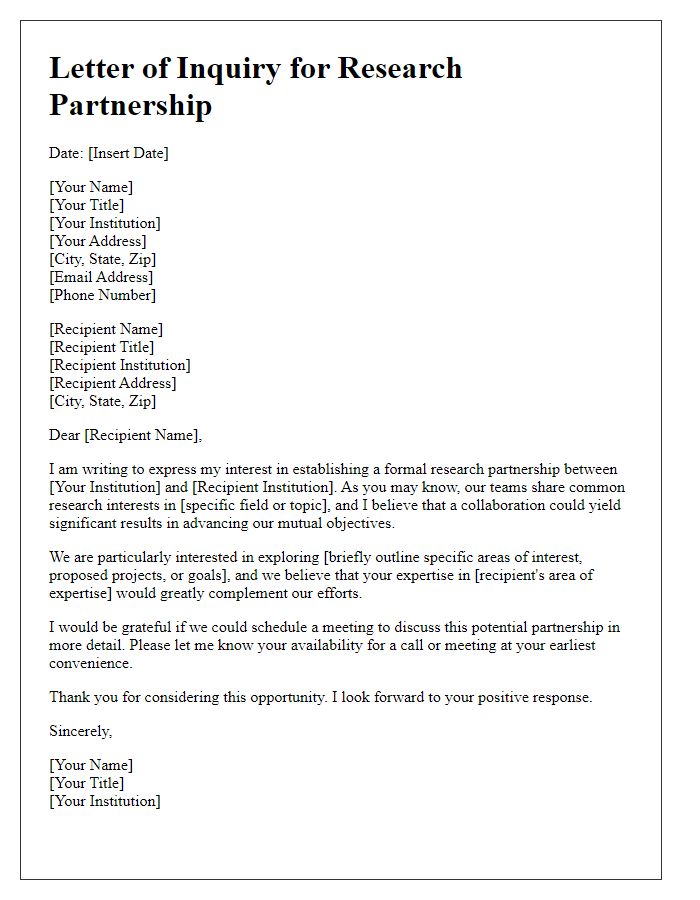 Letter template of formal research partnership inquiry