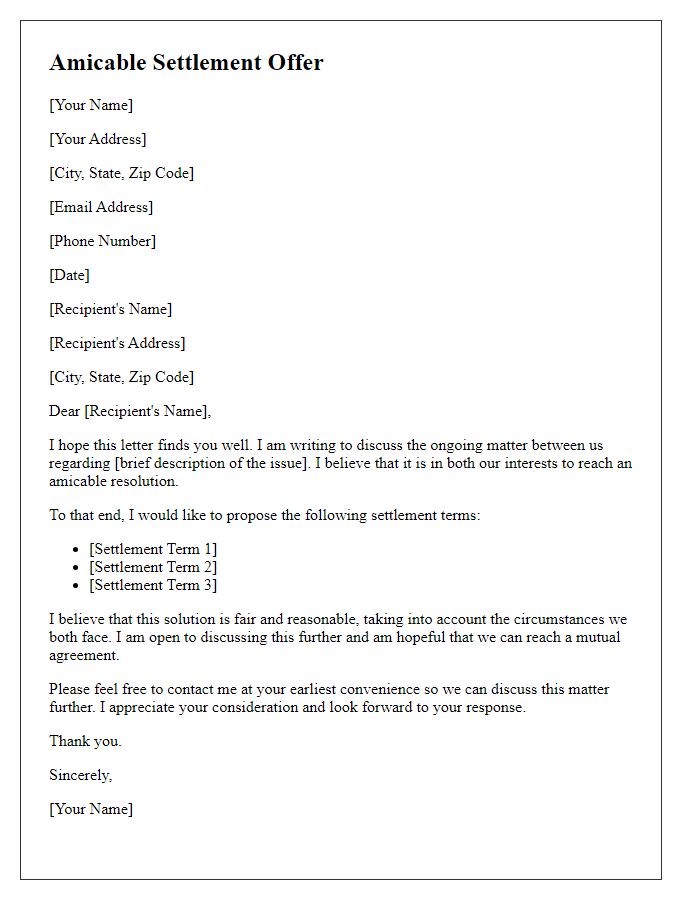 Letter template of amicable settlement offer