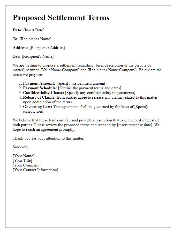 Letter template of proposed settlement terms