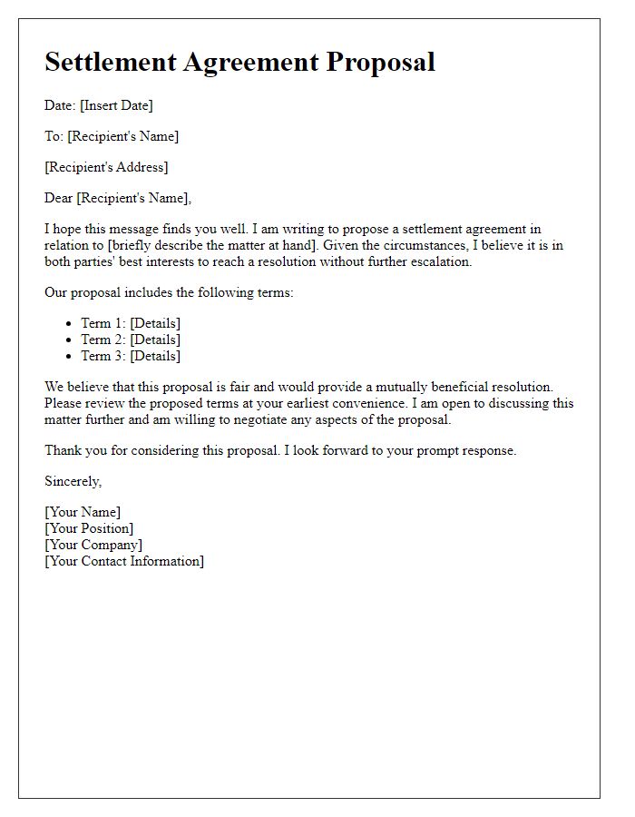 Letter template of settlement agreement proposal