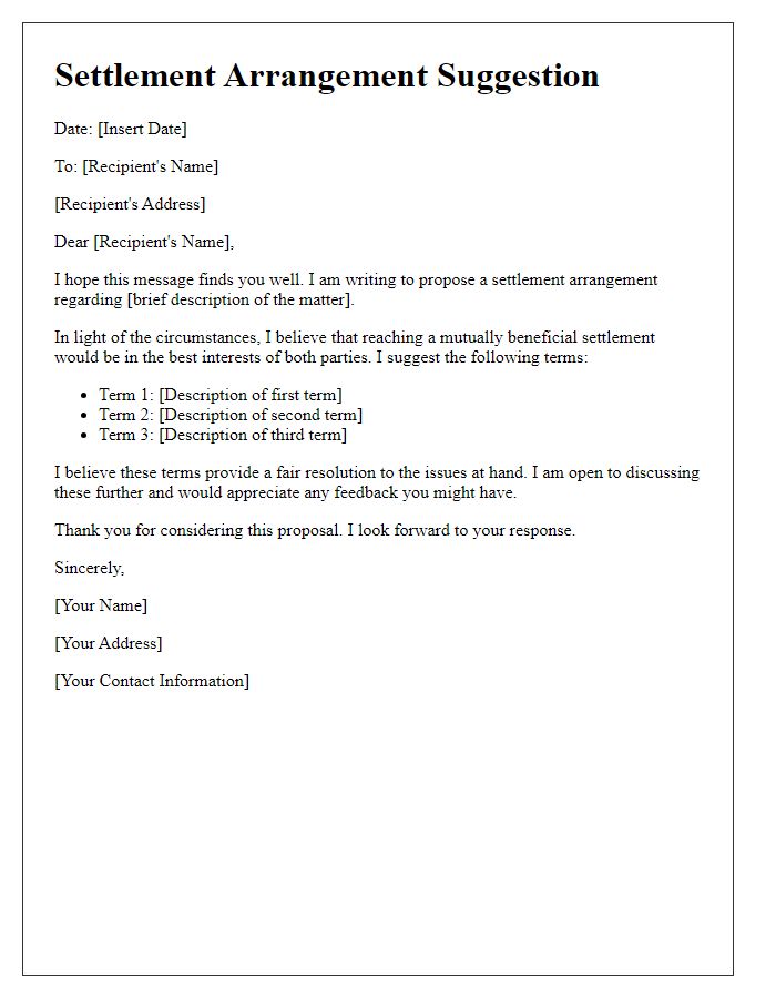 Letter template of settlement arrangement suggestion