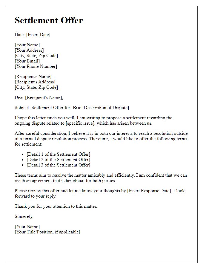 Letter template of settlement offer for dispute resolution