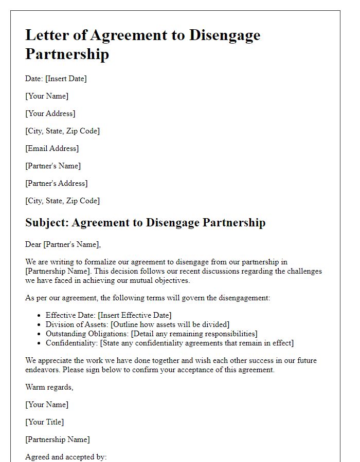 Letter template of agreement to disengage partnership