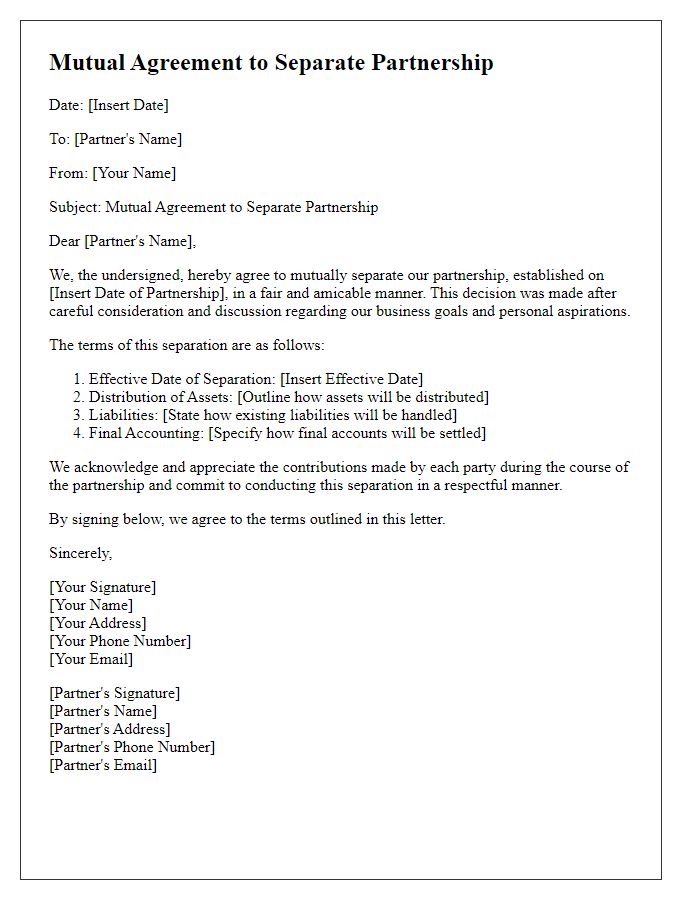 Letter template of mutual agreement to separate partnership