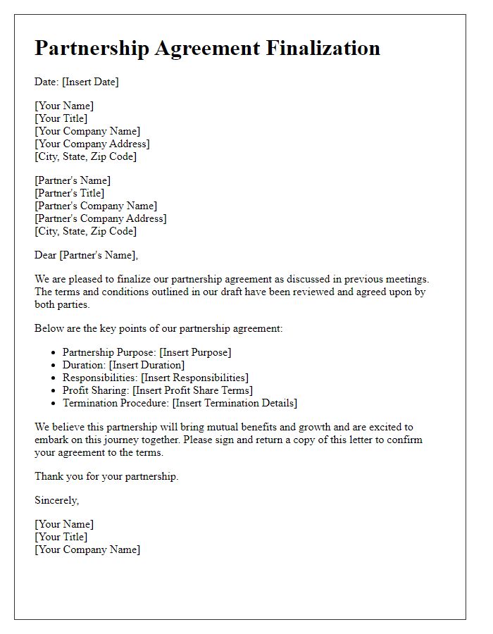 Letter template of partnership agreement finalization