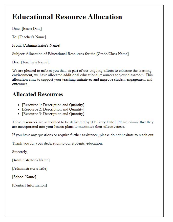 Letter template of educational resource allocation for teachers.