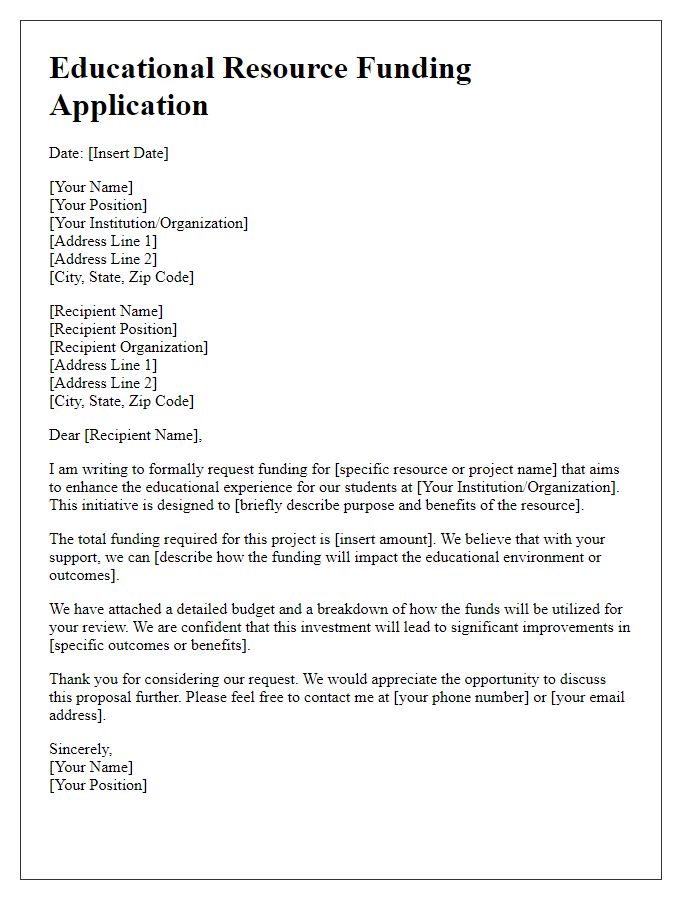 Letter template of educational resource funding application.