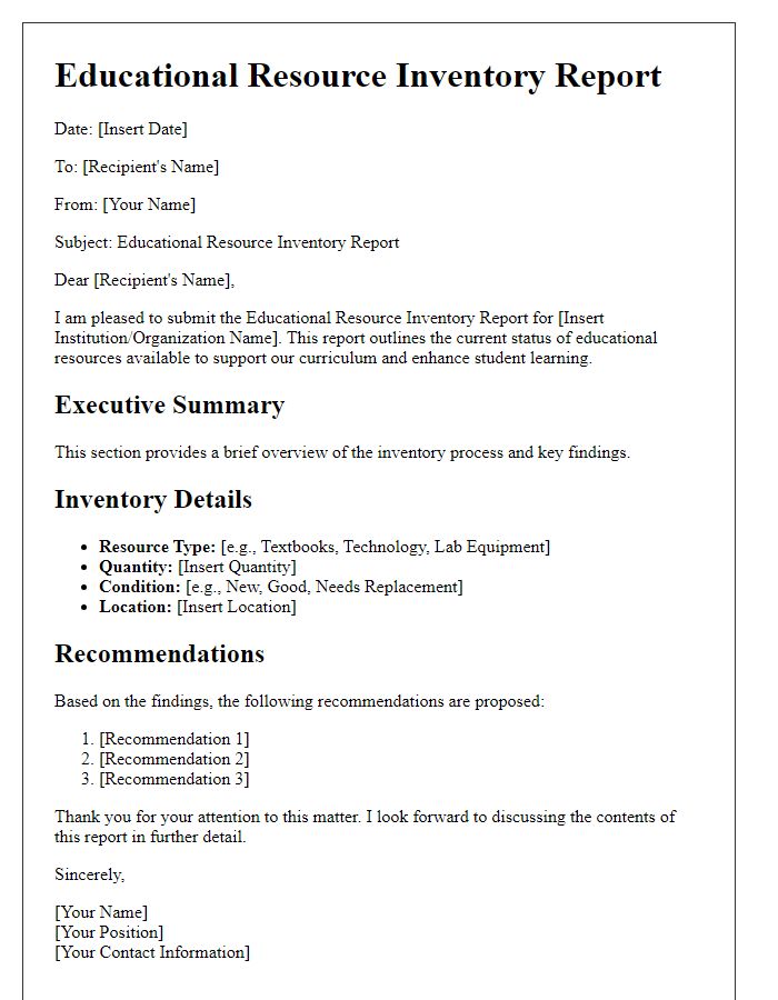 Letter template of educational resource inventory report.