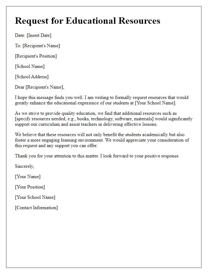 Letter template of educational resource request for schools.