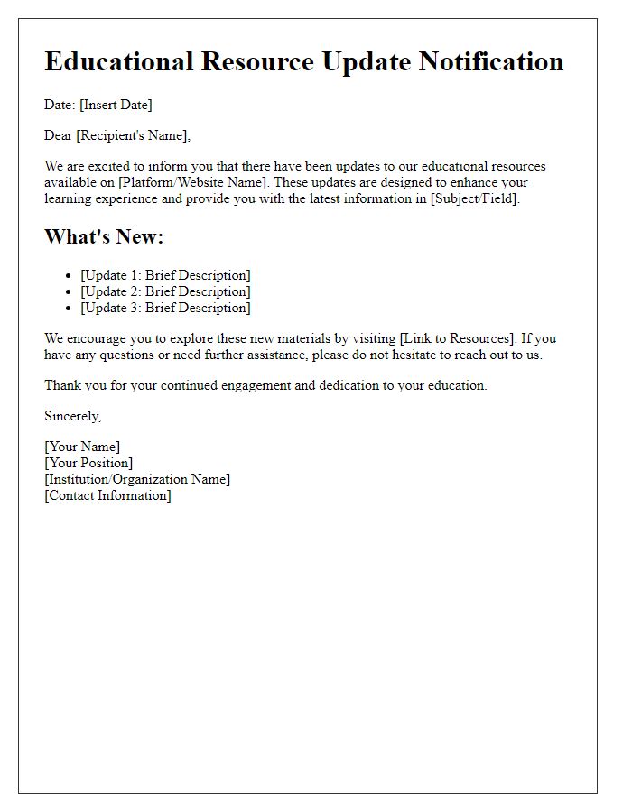 Letter template of educational resource update notification.