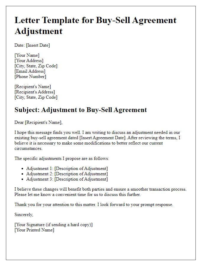 Letter template of buy-sell agreement adjustment correspondence