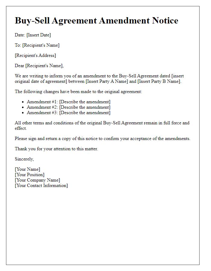 Letter template of buy-sell agreement amendment notice