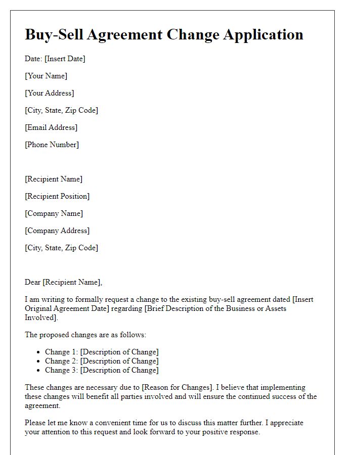 Letter template of buy-sell agreement change application