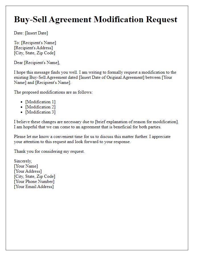 Letter template of buy-sell agreement modification request