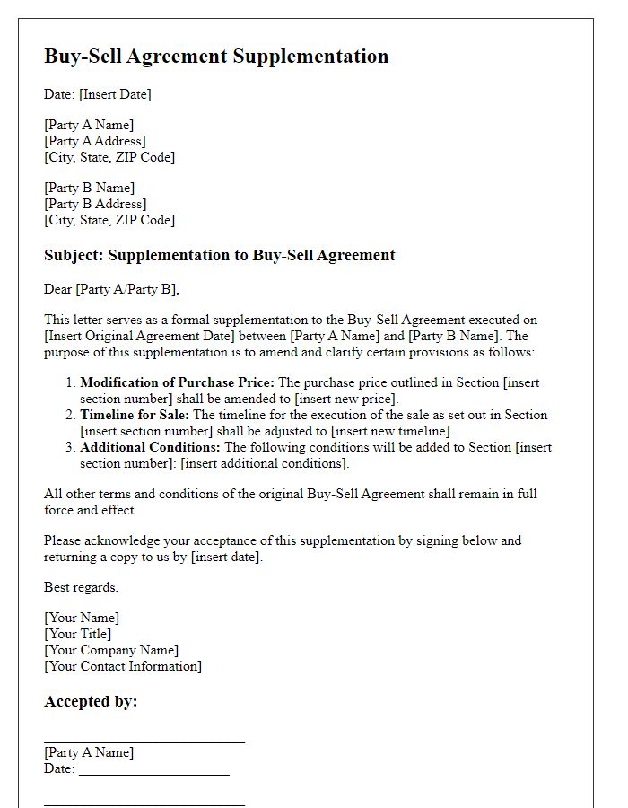 Letter template of buy-sell agreement supplementation draft