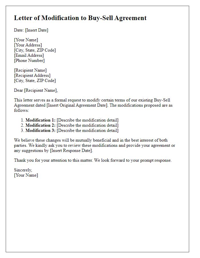 Letter template of buy-sell agreement terms modification