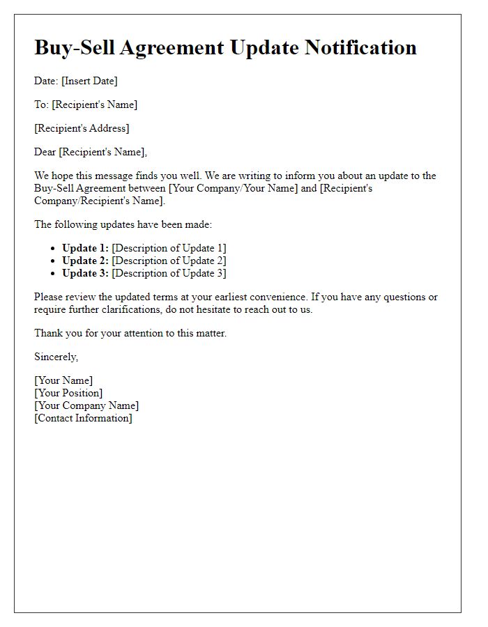 Letter template of buy-sell agreement update notification