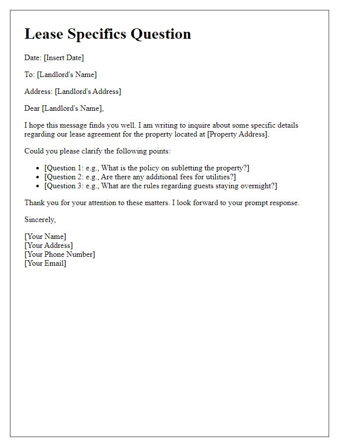 Letter template of lease specifics question