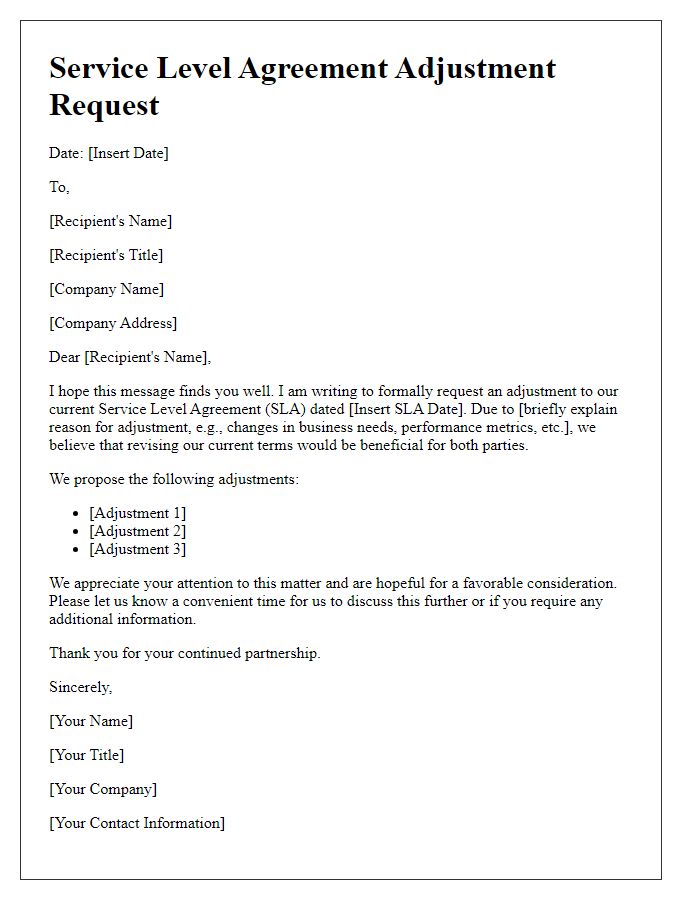 Letter template of service level agreement adjustment request