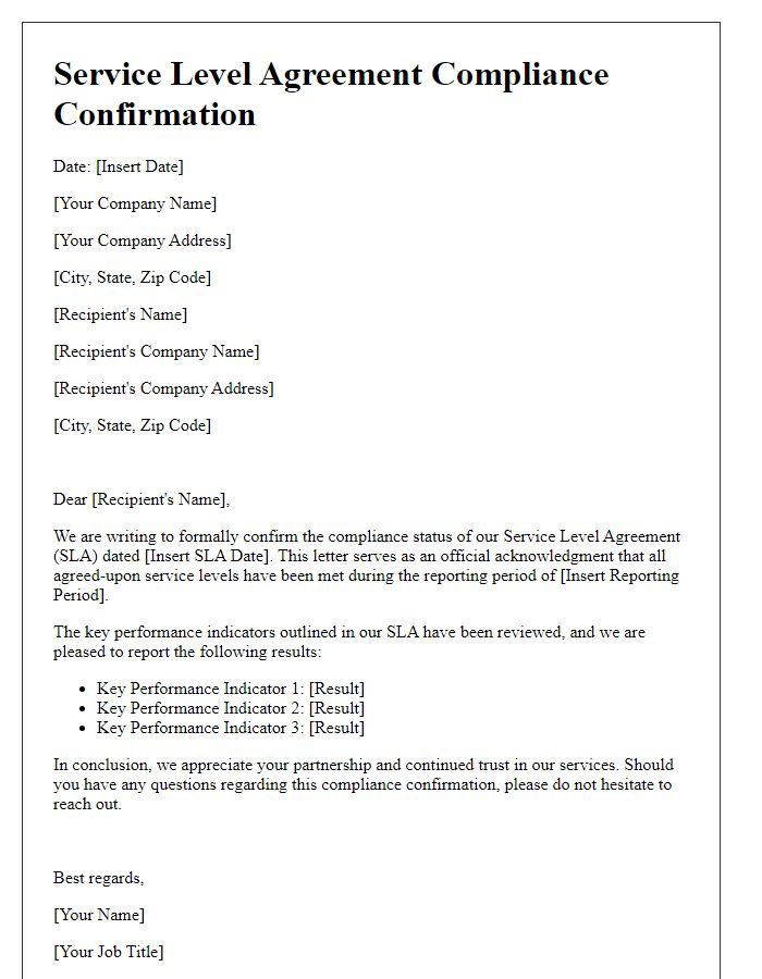 Letter template of service level agreement compliance confirmation