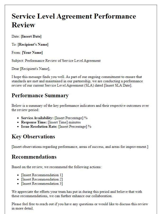 Letter template of service level agreement performance review