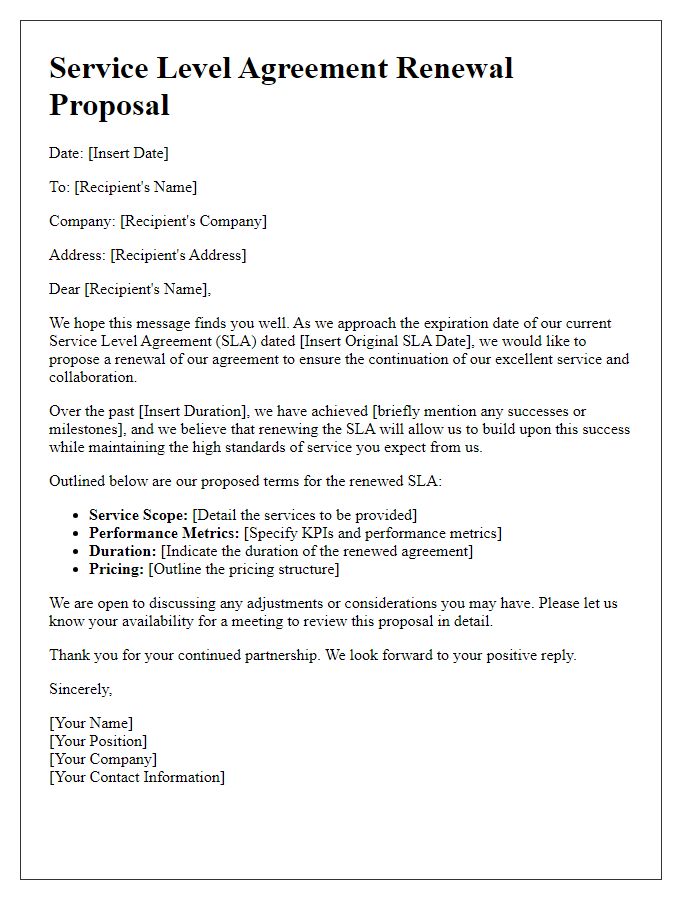 Letter template of service level agreement renewal proposal