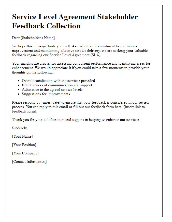 Letter template of service level agreement stakeholder feedback collection