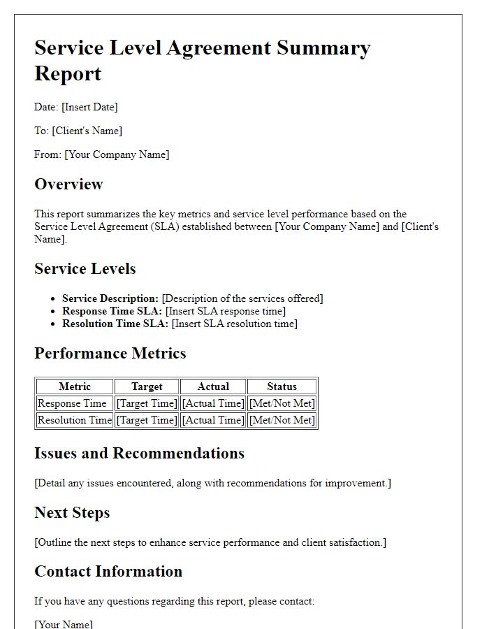 Letter template of service level agreement summary report