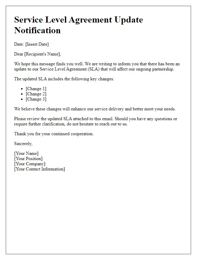 Letter template of service level agreement update notification