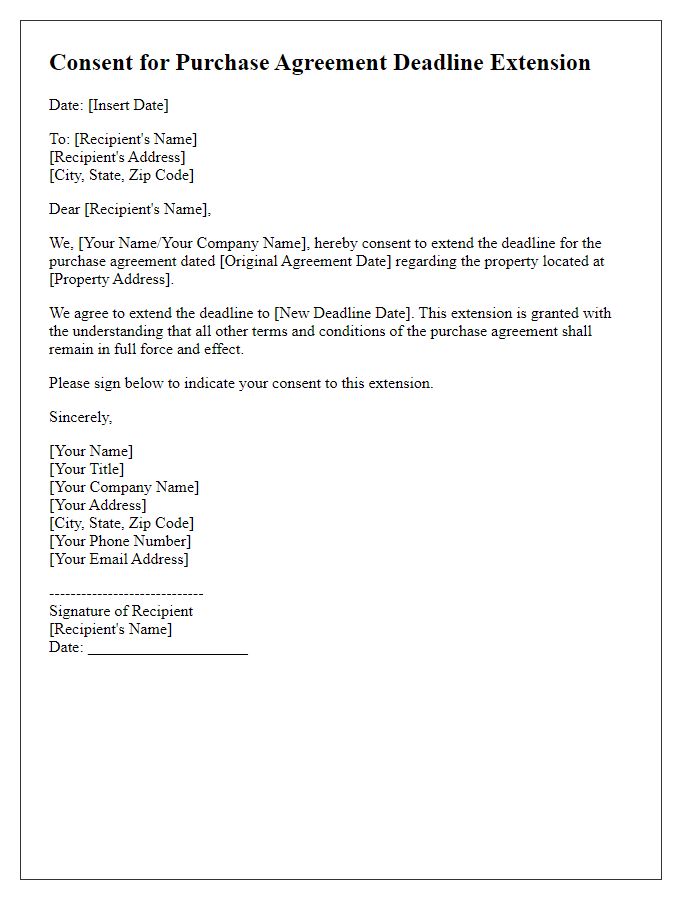 Letter template of consent for purchase agreement deadline extension