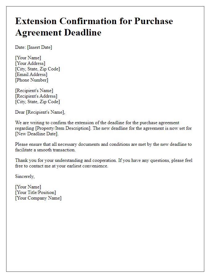 Letter template of extension confirmation for purchase agreement deadline